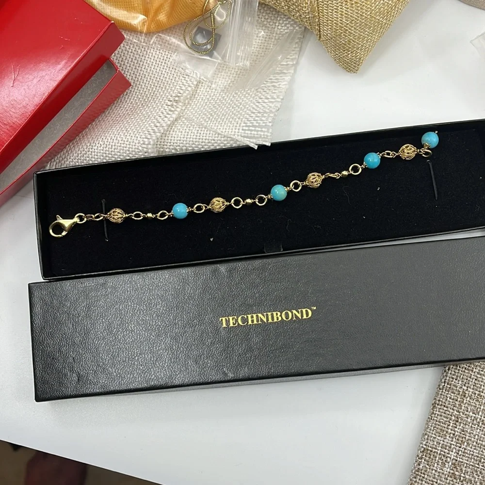 💙 Technibond 18kt Gold & Sterling Silver Turquoise Bracelet - Picture 7 of 13